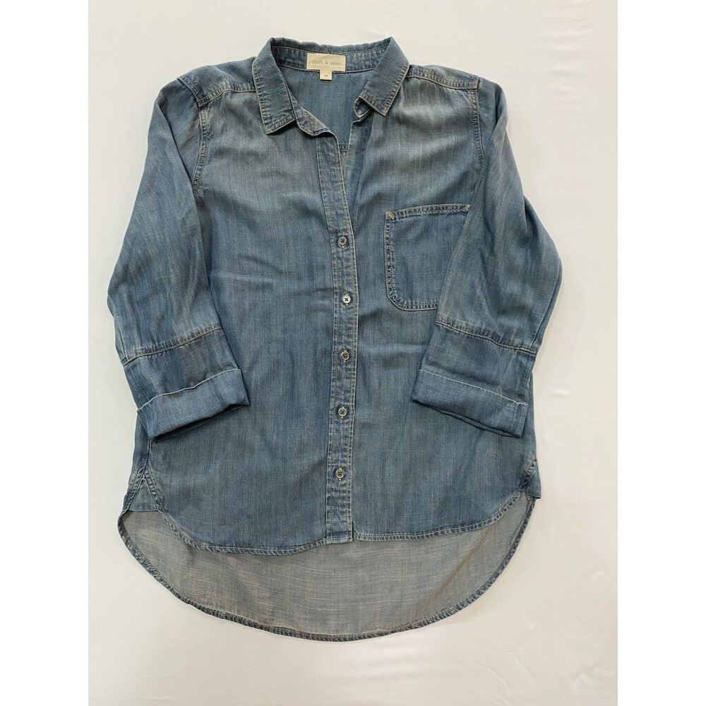 Cloth & Stone Tencel Chambray Button Down Shirt Medium Blue High Low Oversized